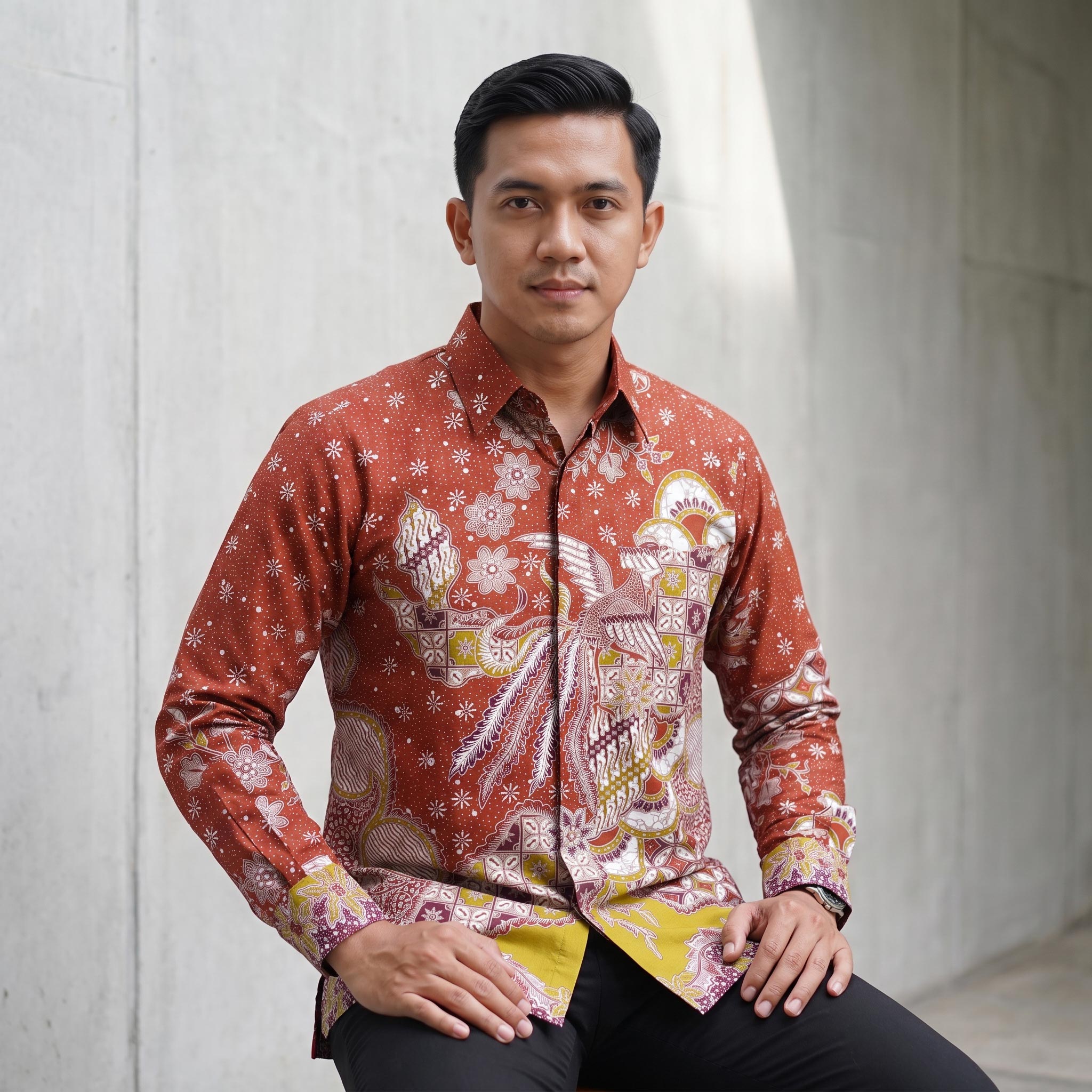 Kemeja batik pria lengan panjang katun premium warna merah bata motif garuda dengan jahitan clean look.