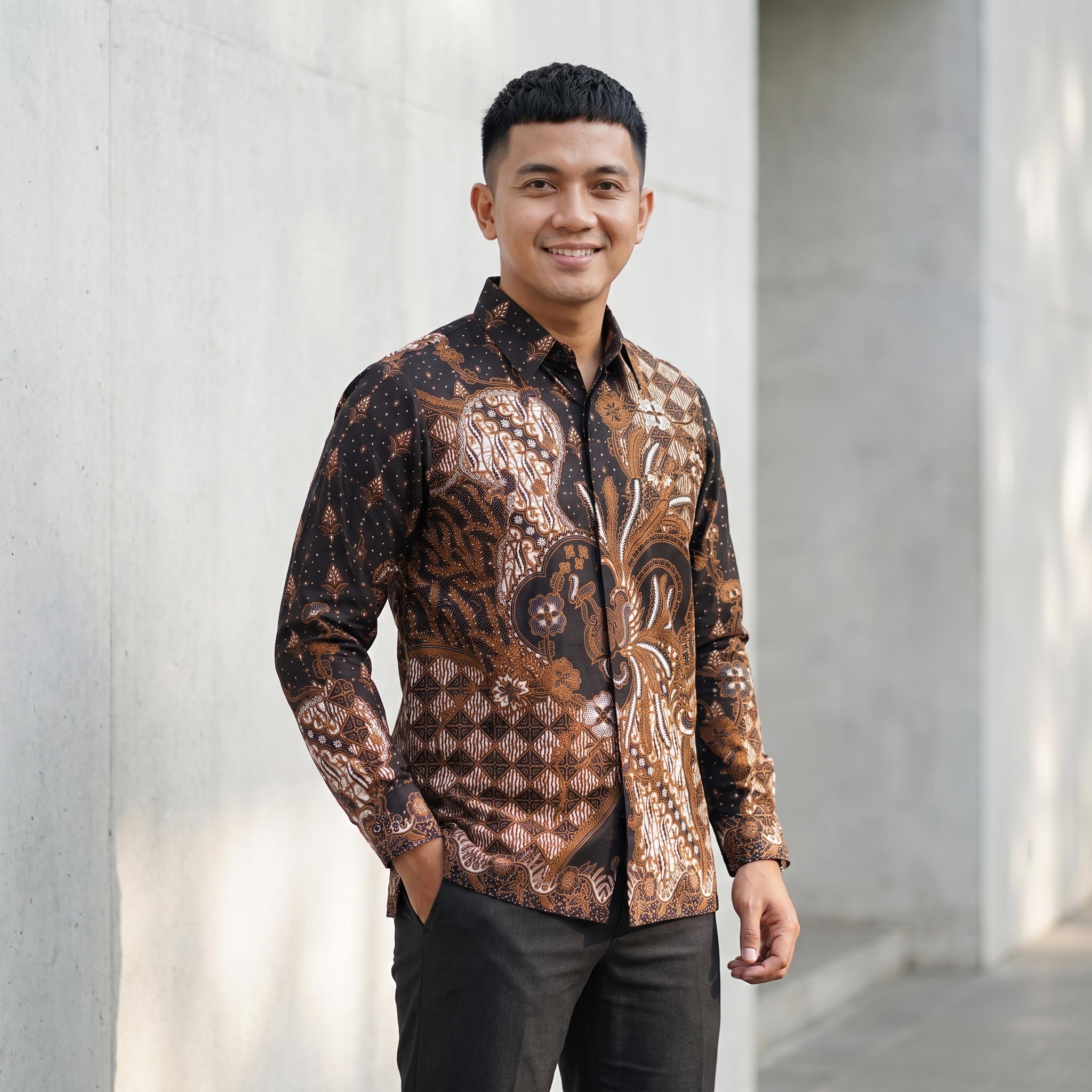 Kemeja batik pria lengan panjang katun premium warna cokelat hitam motif klasik sogan kancing tersembunyi.