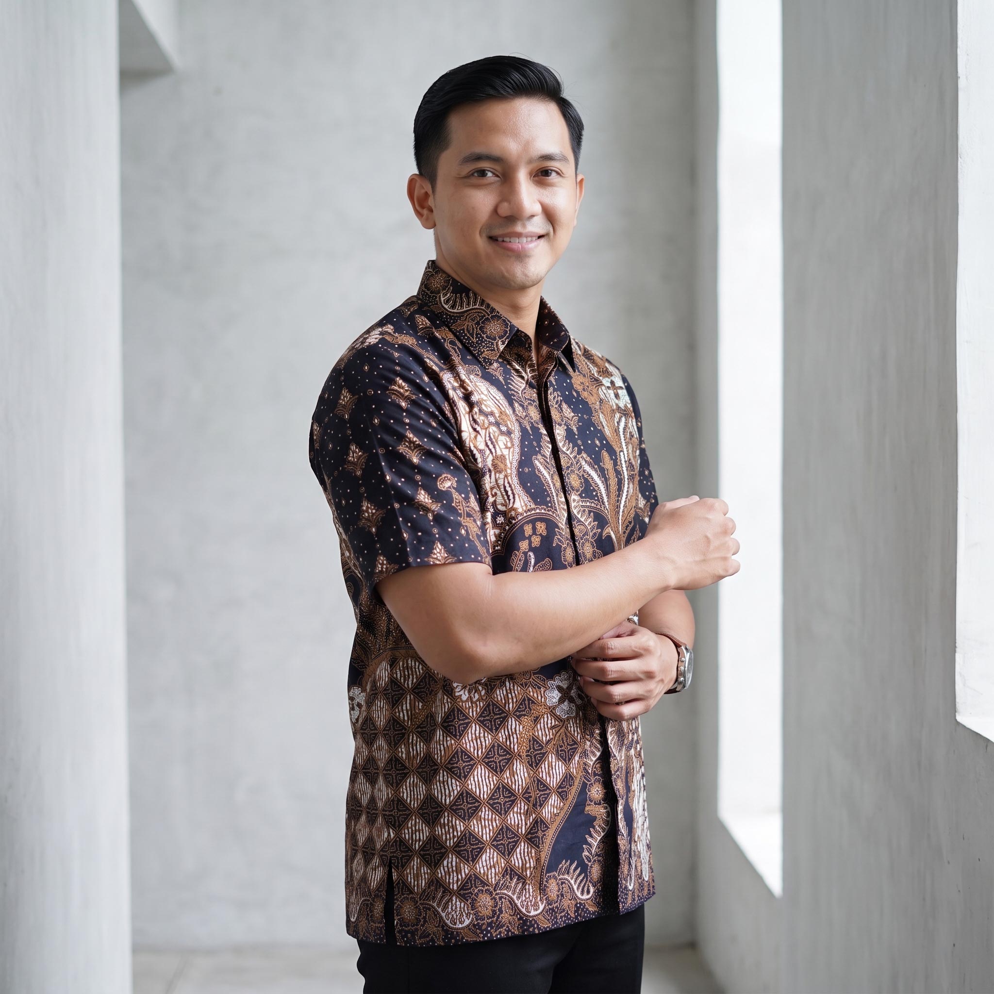 Kemeja batik pria lengan pendek katun premium warna hitam cokelat sogan motif klasik dengan jahitan clean look.