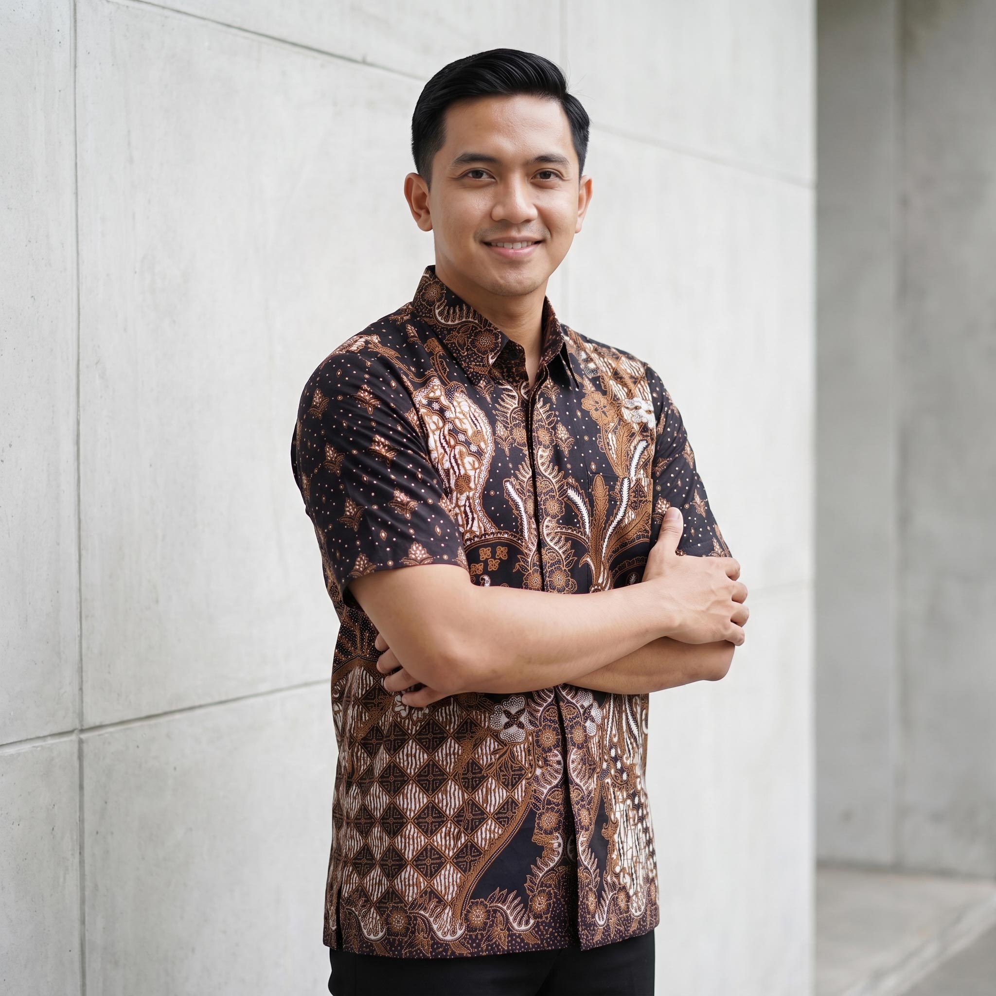 Kemeja batik pria lengan pendek katun premium warna hitam cokelat sogan motif klasik dengan jahitan clean look.