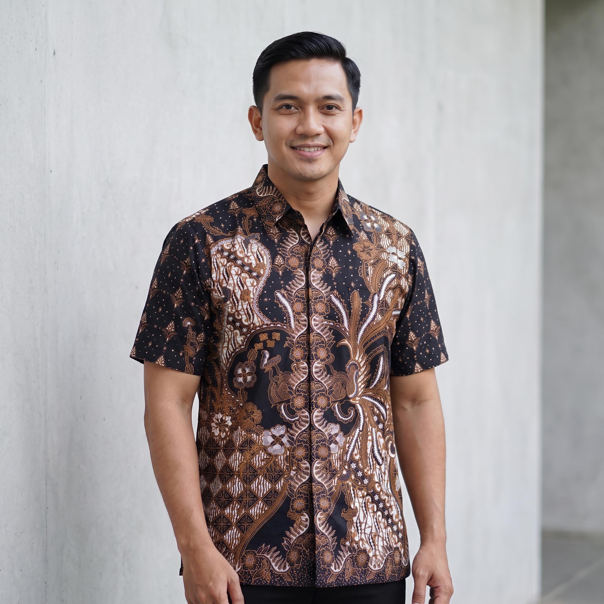 Kemeja batik pria lengan pendek katun premium warna hitam cokelat sogan motif klasik dengan jahitan clean look.
