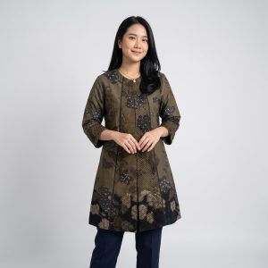 Dress outer batik wanita katun cabut premium warna hijau zaitun corak floral elegan dengan aksen list.