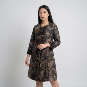Dress outer batik wanita katun cabut premium warna hitam kecokelatan motif dedaunan aksen list vertikal.
